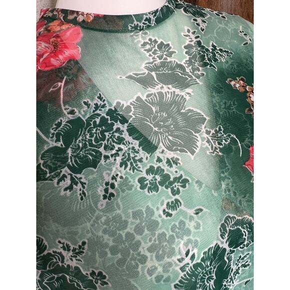 Vintage 60s Green Pink Flower Power Sleeveless Dress W/ Sheer Matching Topper 12 - Picture 9 of 11
